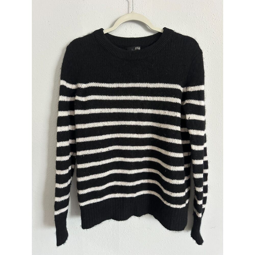Aqua Cashmere 100% Cashmere Stripe Sweater Black White Women's L - Picture 4 of 6